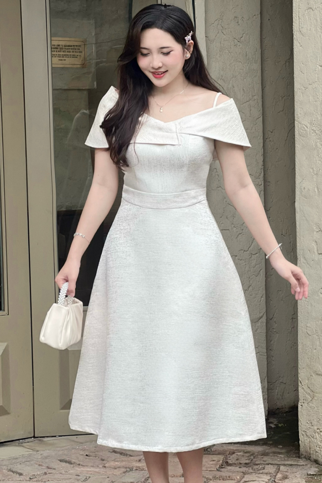 Đầm Dự Tiệc Vai Lệch – Olivia Dress | Đầm Dáng A Xòe Nhẹ Tôn Dáng, Vải Tafta Ánh Gỗ Cao Cấp