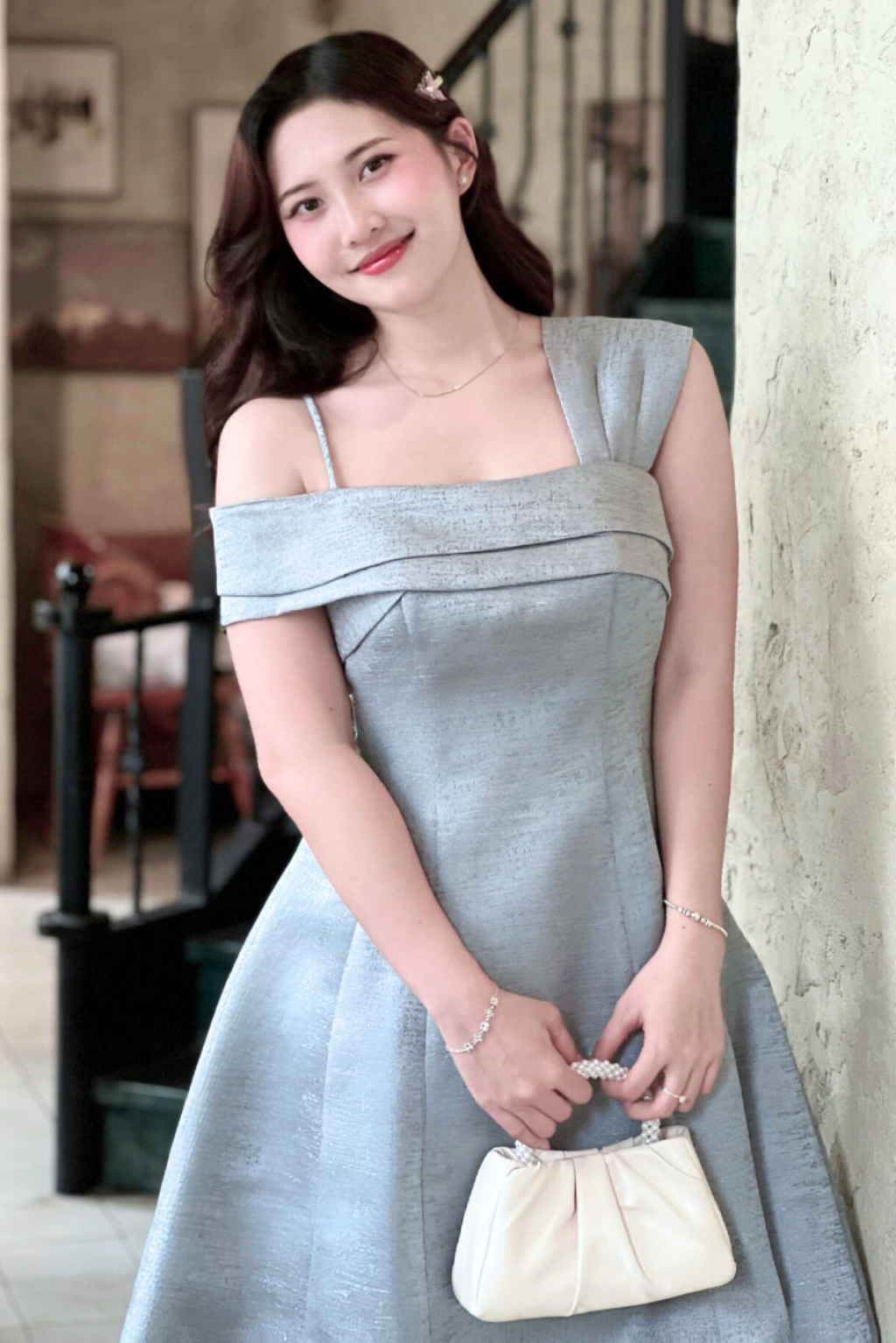 Đầm Dự Tiệc Vai Lệch – Lyra Dress | Phá Cách Tinh Tế, Dáng A Xòe Tôn Dáng, Tafta Ánh Gỗ Cao Cấp