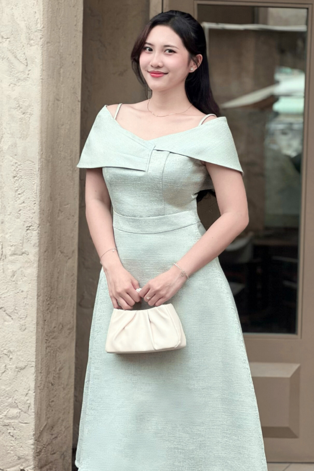 Đầm Dự Tiệc Vai Lệch – Olivia Dress | Đầm Dáng A Xòe Nhẹ Tôn Dáng, Vải Tafta Ánh Gỗ Cao Cấp