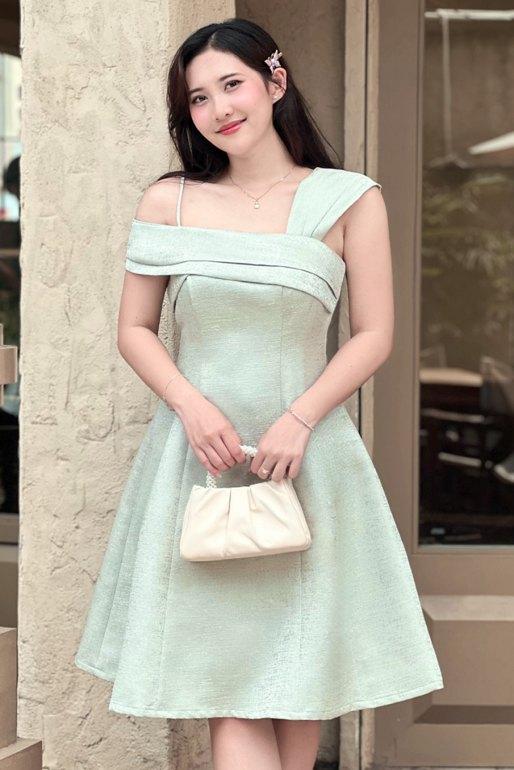 Đầm Dự Tiệc Vai Lệch – Lyra Dress | Phá Cách Tinh Tế, Dáng A Xòe Tôn Dáng, Tafta Ánh Gỗ Cao Cấp