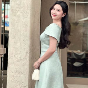 Đầm Dự Tiệc Vai Lệch – Olivia Dress | Đầm Dáng A Xòe Nhẹ Tôn Dáng, Vải Tafta Ánh Gỗ Cao Cấp