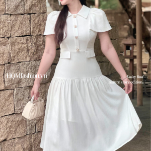 Đầm Suông Thanh Lịch - Daisy Bud | Cổ Sơ Mi, Tay Bồng Nhẹ, Vải Gân Giữ Dáng Tự Nhiên