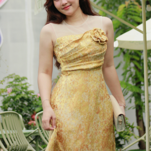 Đầm Dáng A Cổ Tròn Phối Lưới - Camellia l Thanh Nhã Với Gấm Hoa Ánh Kim