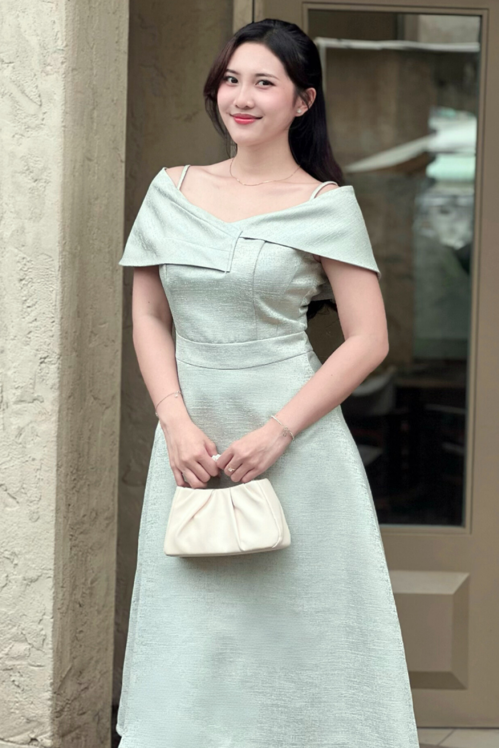 Đầm Dự Tiệc Vai Lệch – Olivia Dress | Đầm Dáng A Xòe Nhẹ Tôn Dáng, Vải Tafta Ánh Gỗ Cao Cấp