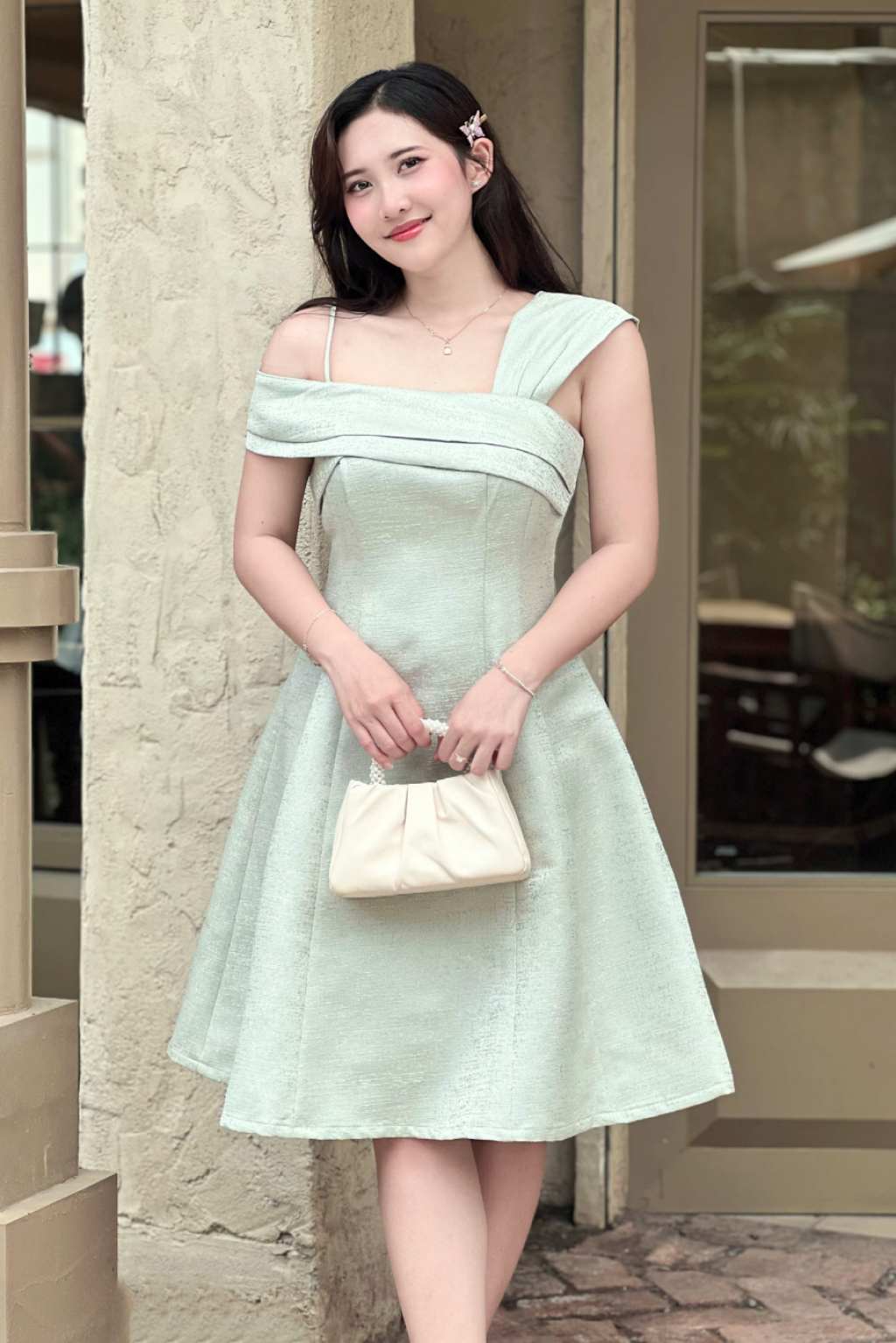 Đầm Dự Tiệc Vai Lệch – Lyra Dress | Phá Cách Tinh Tế, Dáng A Xòe Tôn Dáng, Tafta Ánh Gỗ Cao Cấp