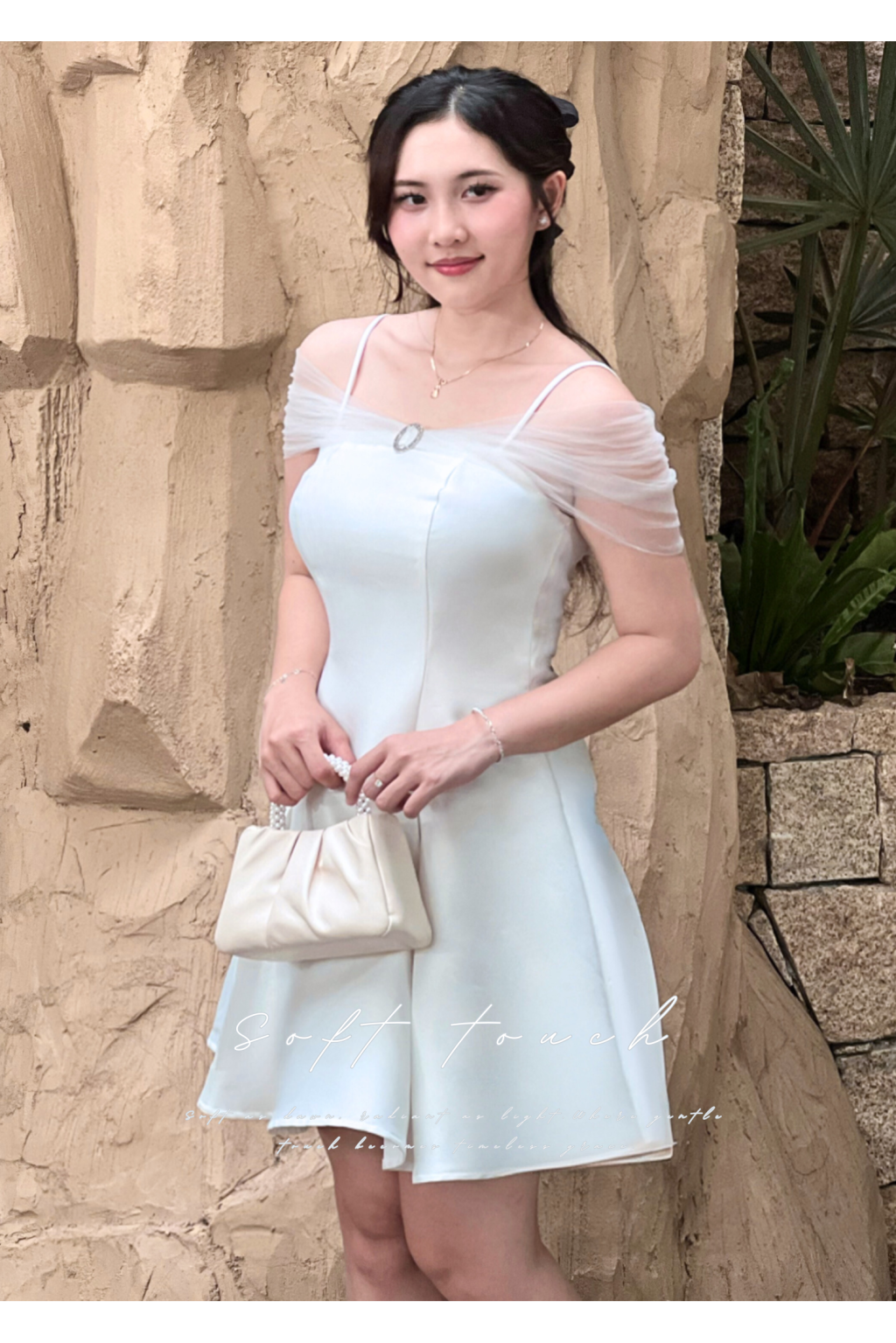 Đầm Dáng Xòe Lệch Vai - Soft Touch | Vai Lưới Gợi Cảm, Điểm Xuyết Charm Dá Tinh Tế