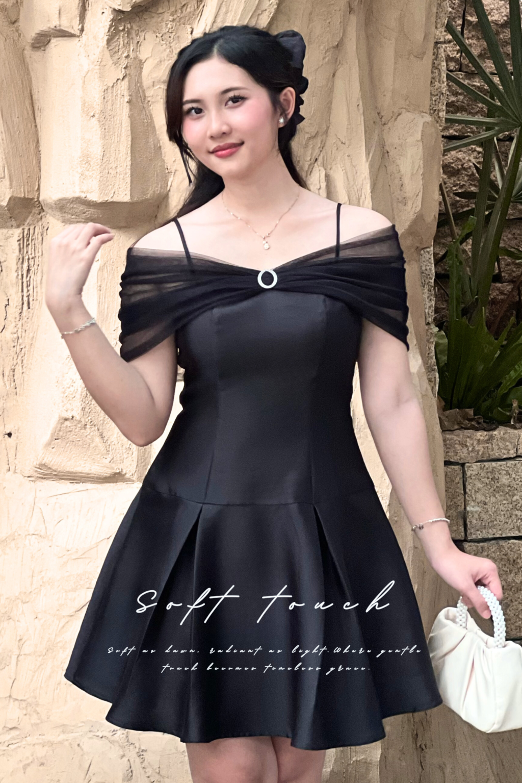 Đầm Dáng Xòe Lệch Vai - Soft Touch | Vai Lưới Gợi Cảm, Điểm Xuyết Charm Dá Tinh Tế